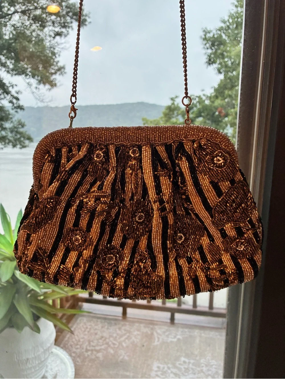 Anthropologie Beaded Evening Bag Clutch Removable Chain Bronze/ Black